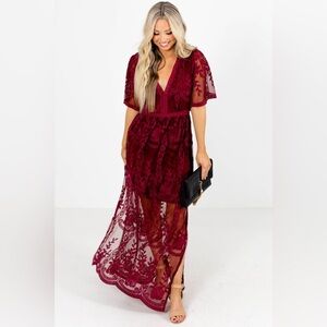Bella Ella Haute Monde Light My Fire Dark Red Lace Maxi Dress
